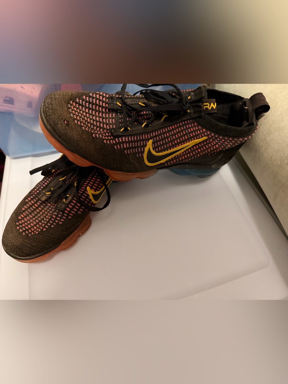 Nike Black Knit Athletic Shoes with Pink Weave and Yellow Swoosh
